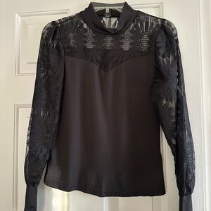 Women's Black Lace Sleeve Mock Neck Top